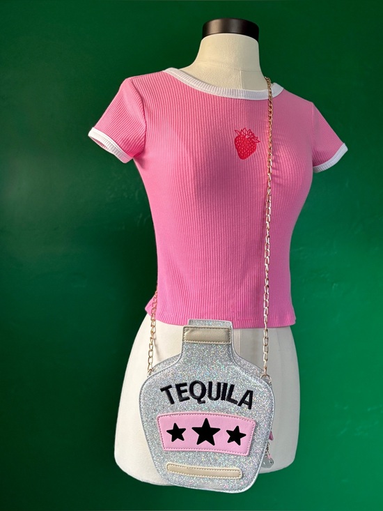 The Unbranded Brand Handbags - Silver Glitter Tequila Bottle Purse Bag Gold Chain Embroidered Y2K Bag Charm Fun
